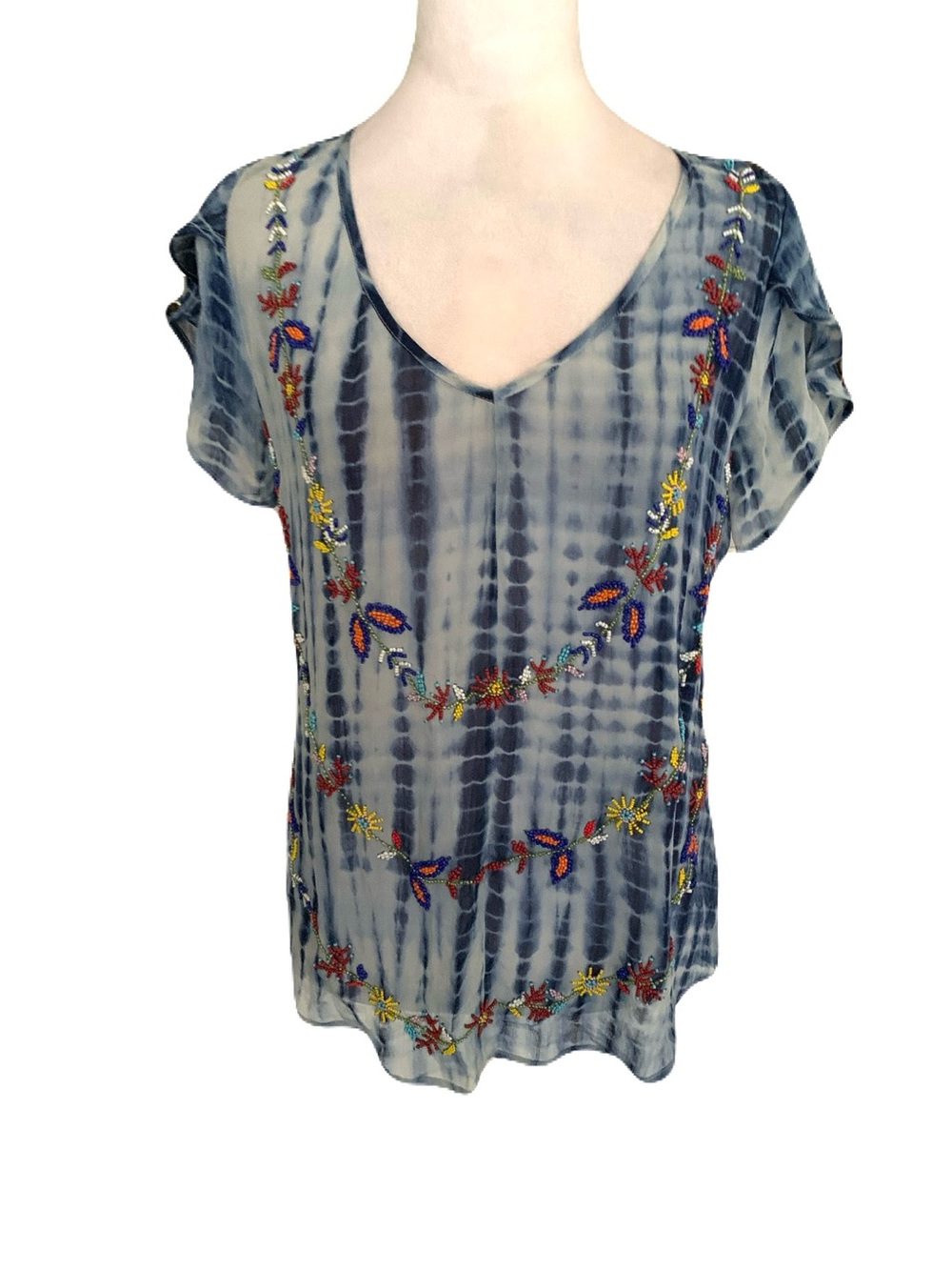 Patterson J. Kincaid X Blue Tie-Dye V-Neck Top with Multicolor Floral Beads Boho